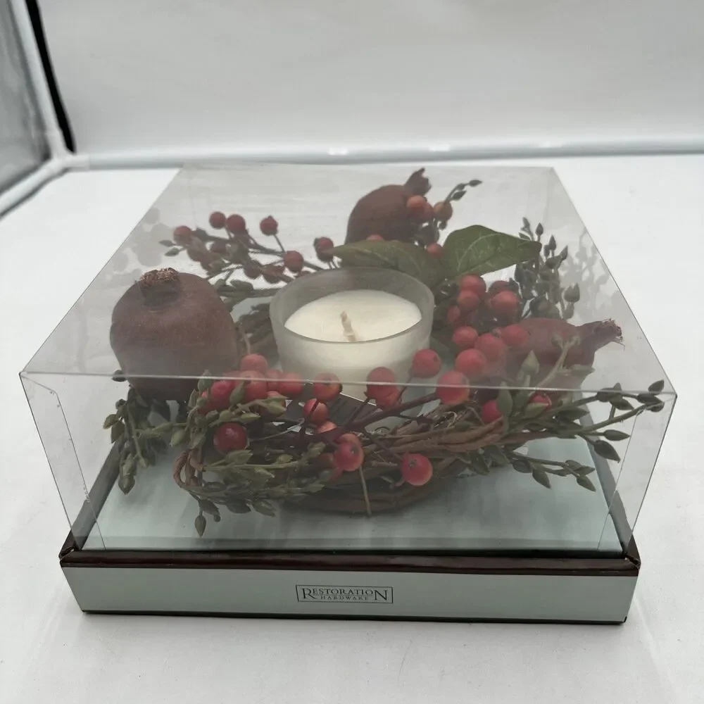 NOS Restoration Hardware Christmas Magnolia Pomegranate Pillar Ring with Candle